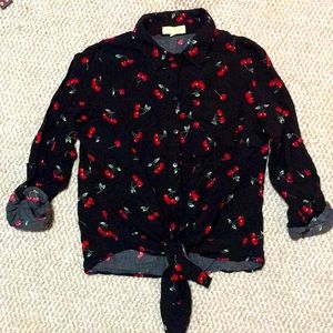 Cherry button down tied blouse